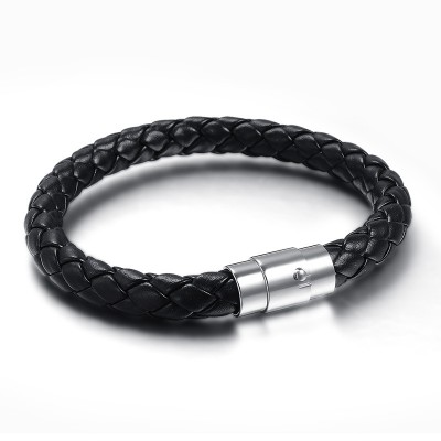 220mm simple handmade stainless steel warp braided leather wristband bracelet