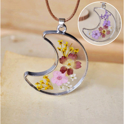 Pressed Real Flower Jewelry Dry Flower Necklace Resin Glass Moon Shape Small Flowers Antique Silver