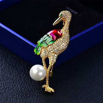 Fashion jewelry  flamingo shaped pearl cute brooch brooch brass brooch rhinestone brooches women